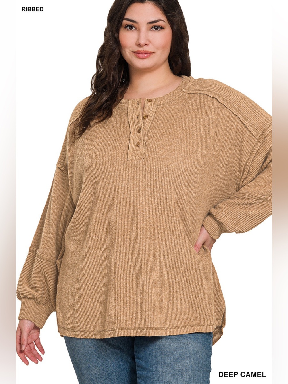 HT-2466X PLUS Zenana Deep Camel Button Front Ribbed Melange Long Sleeve Top